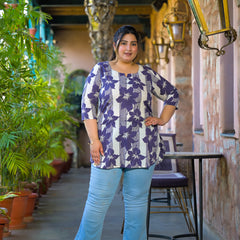 Purple Printed Cotton Top with Round Neck & Three-Quarter Sleeves (Plus Size)