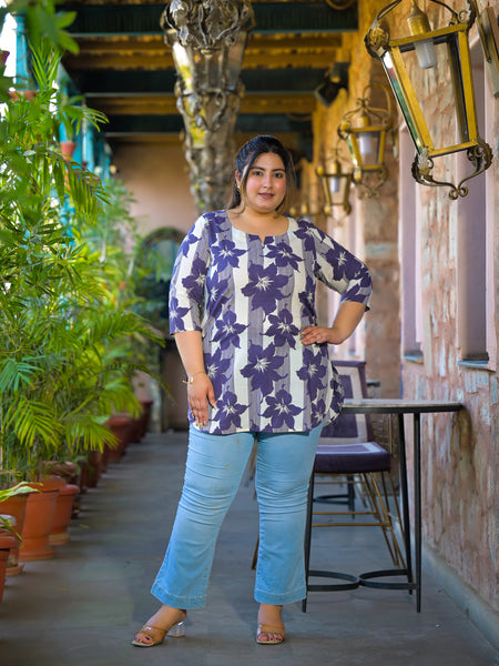 Purple Printed Cotton Top with Round Neck & Three-Quarter Sleeves (Plus Size)