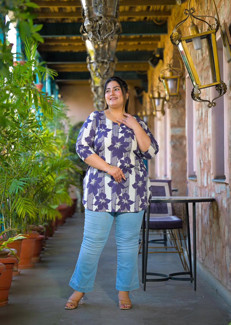 Purple Printed Cotton Top with Round Neck & Three-Quarter Sleeves (Plus Size)
