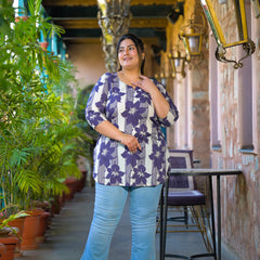 Purple Printed Cotton Top with Round Neck & Three-Quarter Sleeves (Plus Size)