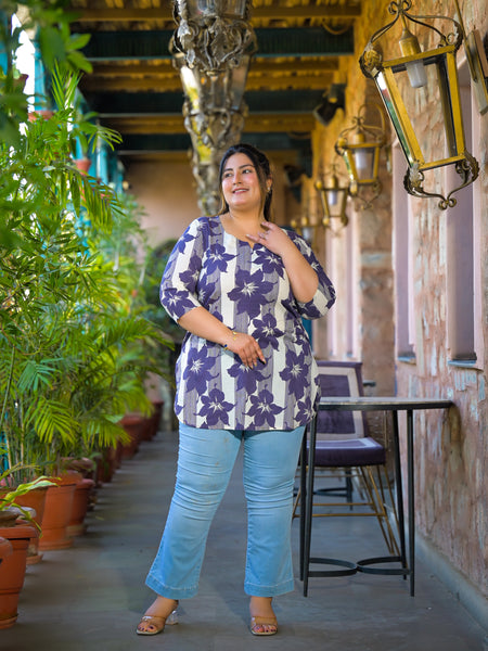 Purple Printed Cotton Top with Round Neck & Three-Quarter Sleeves (Plus Size)