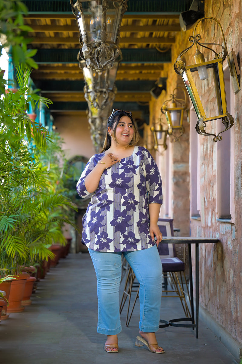 Purple Printed Cotton Top with Round Neck & Three-Quarter Sleeves (Plus Size)