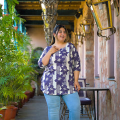 Purple Printed Cotton Top with Round Neck & Three-Quarter Sleeves (Plus Size)