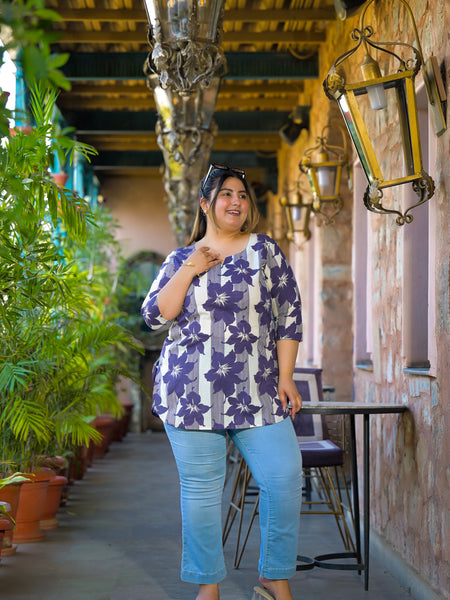 Purple Printed Cotton Top with Round Neck & Three-Quarter Sleeves (Plus Size)