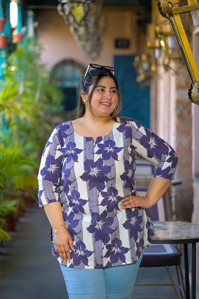 Purple Printed Cotton Top with Round Neck & Three-Quarter Sleeves (Plus Size)