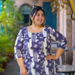 Purple Printed Cotton Top with Round Neck & Three-Quarter Sleeves (Plus Size)