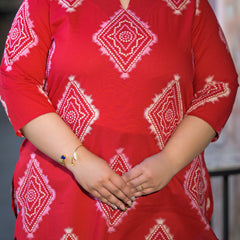 Red Printed Cotton Top with Round Neck & Three-Quarter Sleeves (Plus Size)