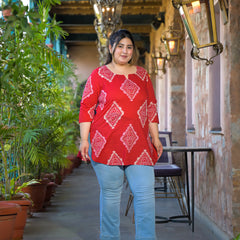 Red Printed Cotton Top with Round Neck & Three-Quarter Sleeves (Plus Size)