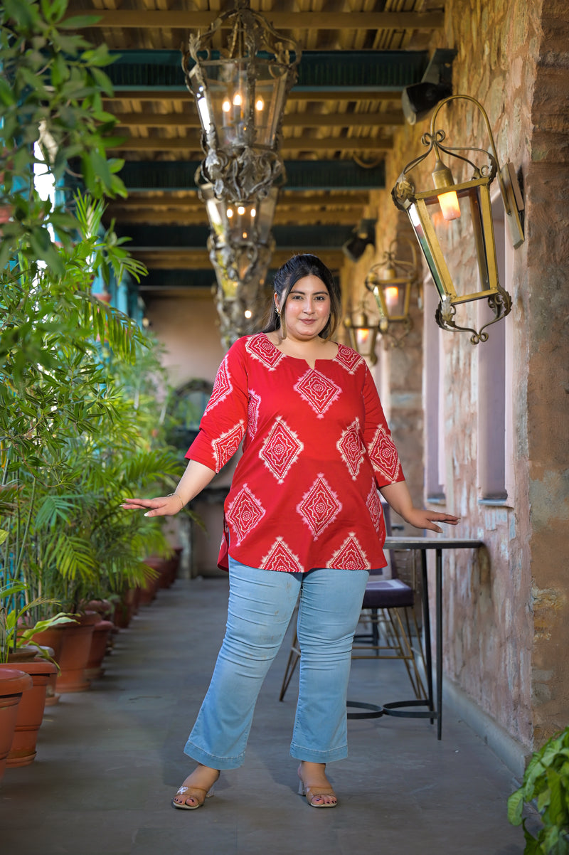 Red Printed Cotton Top with Round Neck & Three-Quarter Sleeves (Plus Size)