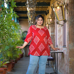 Red Printed Cotton Top with Round Neck & Three-Quarter Sleeves (Plus Size)