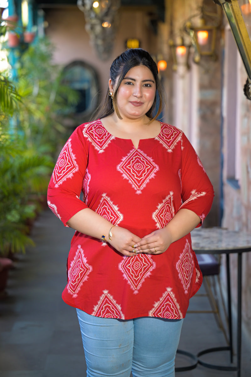 Red Printed Cotton Top with Round Neck & Three-Quarter Sleeves (Plus Size)