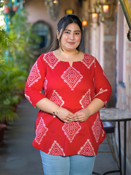 Red Printed Cotton Top with Round Neck & Three-Quarter Sleeves (Plus Size)