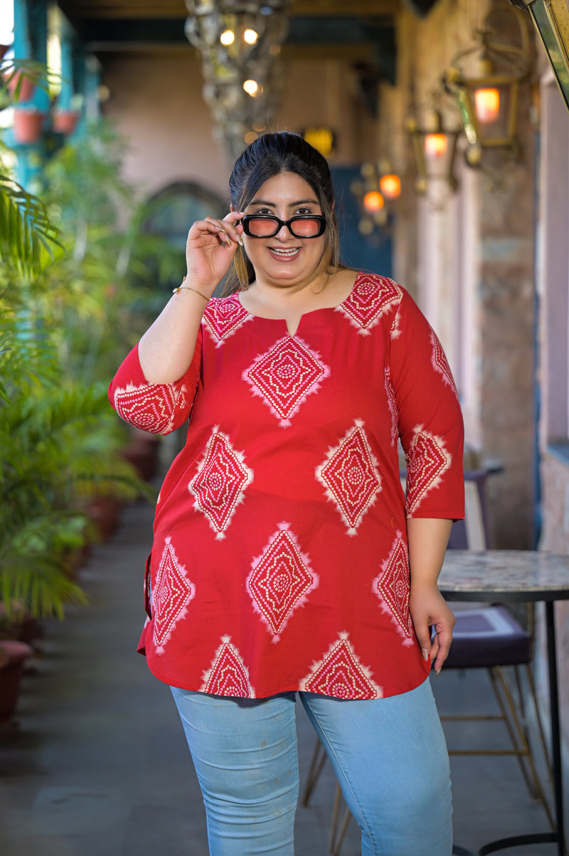 Red Printed Cotton Top with Round Neck & Three-Quarter Sleeves (Plus Size)