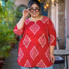 Red Printed Cotton Top with Round Neck & Three-Quarter Sleeves (Plus Size)