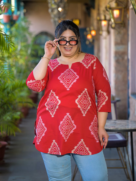 Red Printed Cotton Top with Round Neck & Three-Quarter Sleeves (Plus Size)