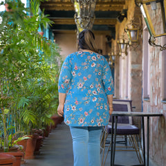 Teal Printed Cotton Top with Round Neck & Three-Quarter Sleeves (Plus Size)