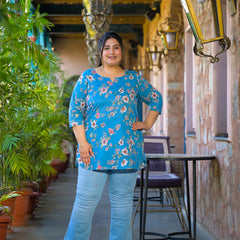 Teal Printed Cotton Top with Round Neck & Three-Quarter Sleeves (Plus Size)