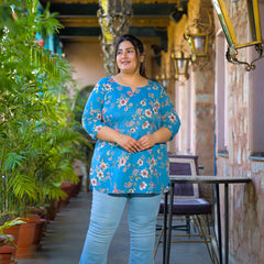 Teal Printed Cotton Top with Round Neck & Three-Quarter Sleeves (Plus Size)