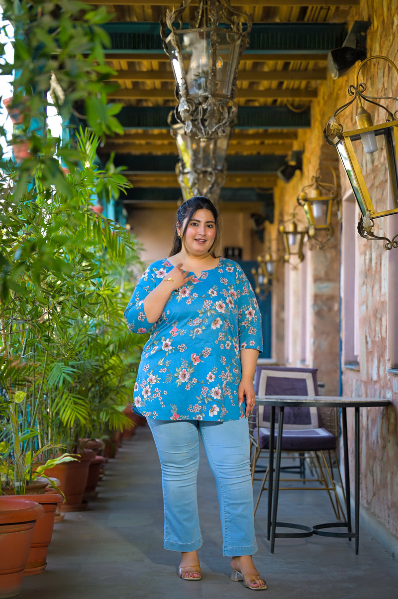 Teal Printed Cotton Top with Round Neck & Three-Quarter Sleeves (Plus Size)