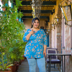 Teal Printed Cotton Top with Round Neck & Three-Quarter Sleeves (Plus Size)