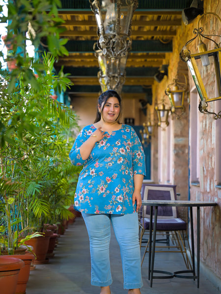 Teal Printed Cotton Top with Round Neck & Three-Quarter Sleeves (Plus Size)