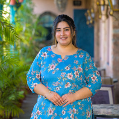 Teal Printed Cotton Top with Round Neck & Three-Quarter Sleeves (Plus Size)