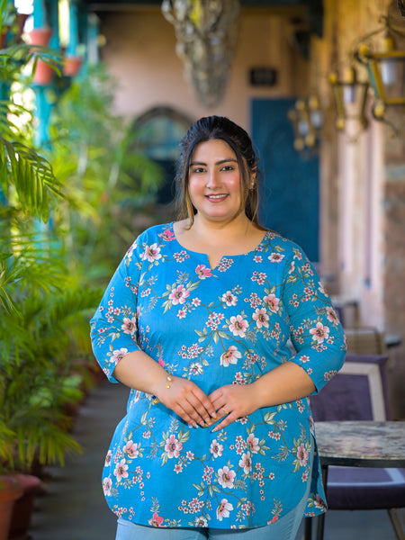 Teal Printed Cotton Top with Round Neck & Three-Quarter Sleeves (Plus Size)