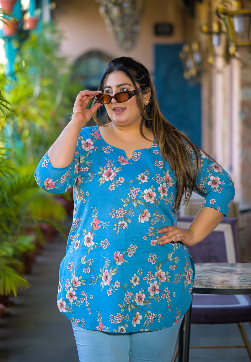 Teal Printed Cotton Top with Round Neck & Three-Quarter Sleeves (Plus Size)
