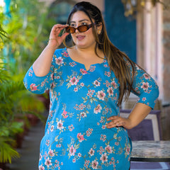 Teal Printed Cotton Top with Round Neck & Three-Quarter Sleeves (Plus Size)