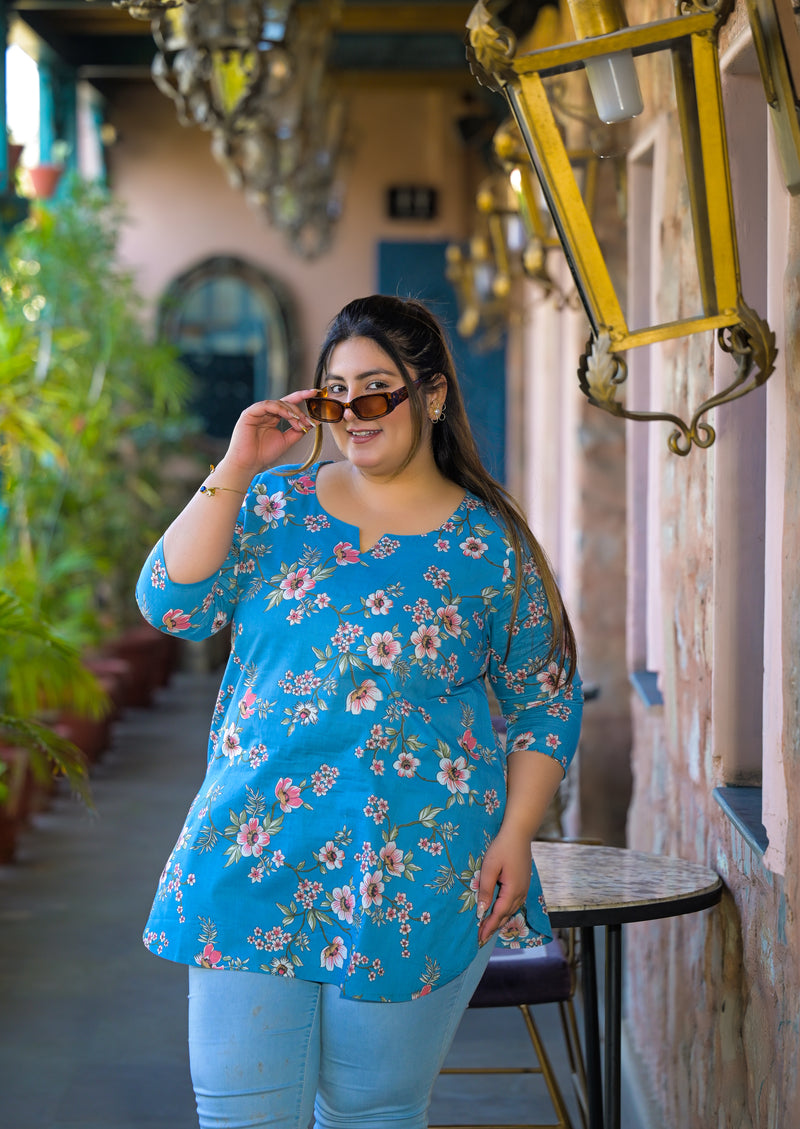 Teal Printed Cotton Top with Round Neck & Three-Quarter Sleeves (Plus Size)