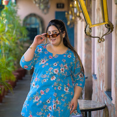 Teal Printed Cotton Top with Round Neck & Three-Quarter Sleeves (Plus Size)