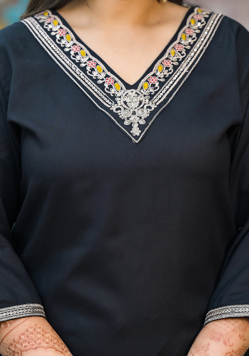 Black Printed Rayon Kurta Pant Dupatta Set for Women (Plus Size)