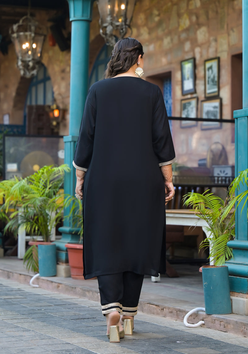 Black Printed Rayon Kurta Pant Dupatta Set for Women (Plus Size)