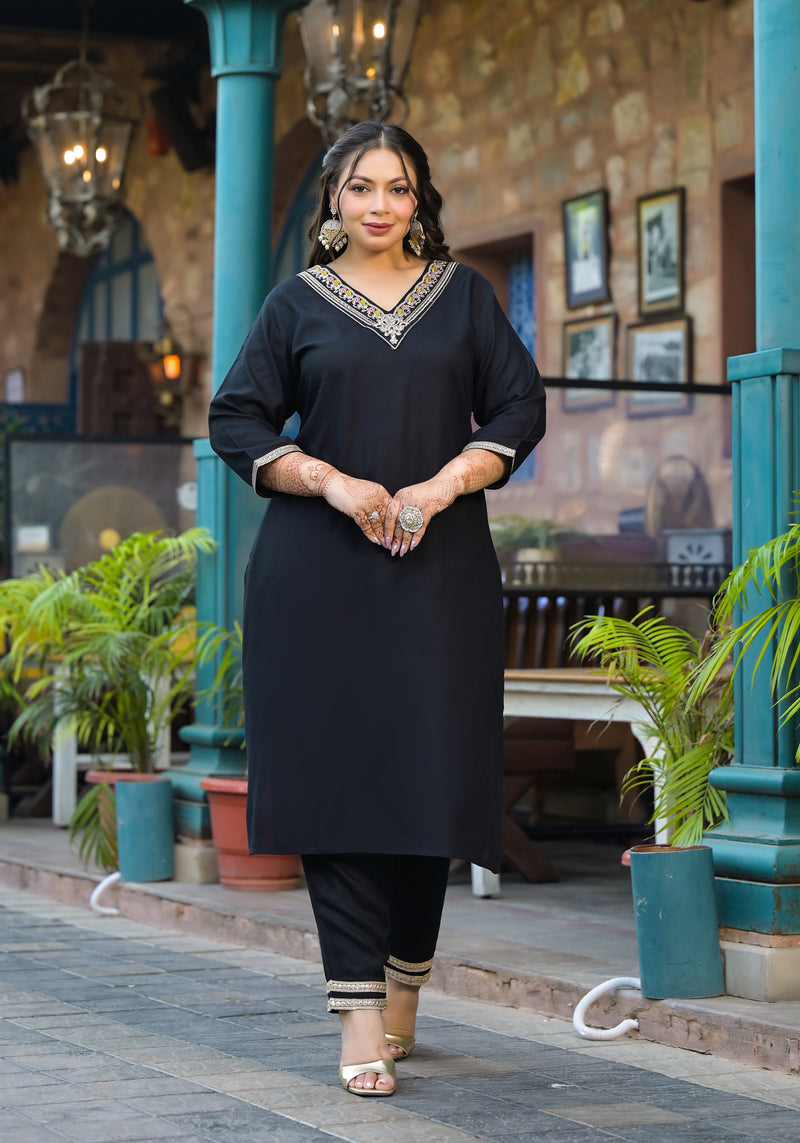 Black Printed Rayon Kurta Pant Dupatta Set for Women (Plus Size)