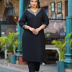 Black Printed Rayon Kurta Pant Dupatta Set for Women (Plus Size)