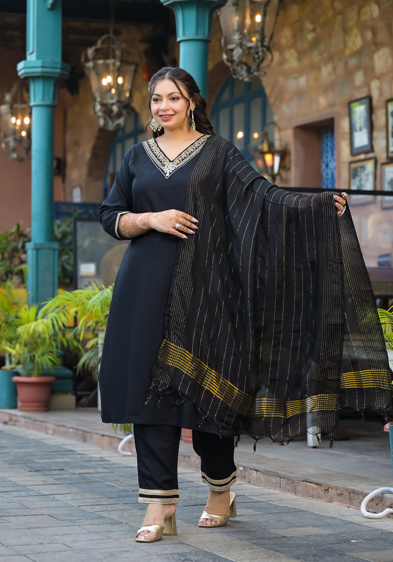 Black Printed Rayon Kurta Pant Dupatta Set for Women (Plus Size)