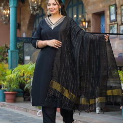 Black Printed Rayon Kurta Pant Dupatta Set for Women (Plus Size)