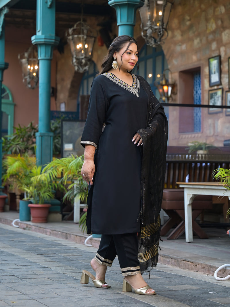 Black Printed Rayon Kurta Pant Dupatta Set for Women (Plus Size)