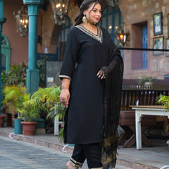 Black Printed Rayon Kurta Pant Dupatta Set for Women (Plus Size)