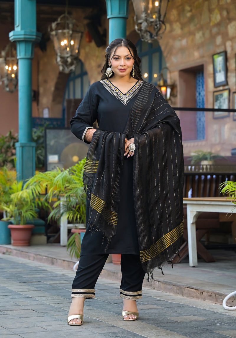 Black Printed Rayon Kurta Pant Dupatta Set for Women (Plus Size)