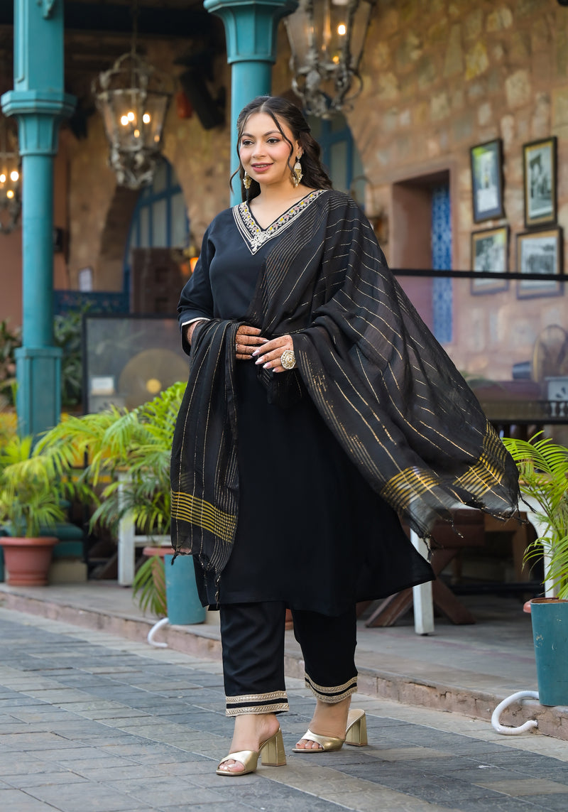 Black Printed Rayon Kurta Pant Dupatta Set for Women (Plus Size)