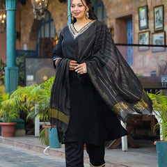 Black Printed Rayon Kurta Pant Dupatta Set for Women (Plus Size)