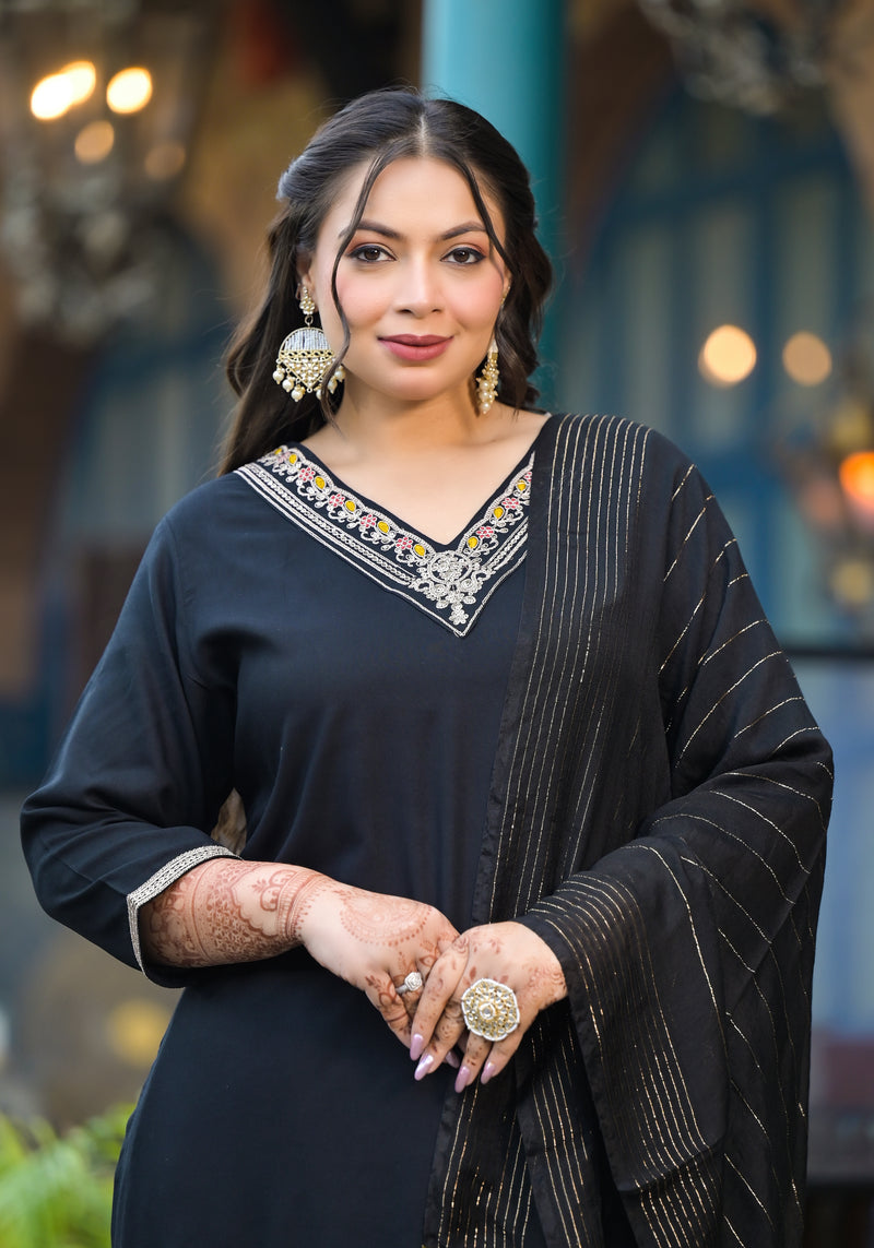 Black Printed Rayon Kurta Pant Dupatta Set for Women (Plus Size)