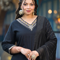 Black Printed Rayon Kurta Pant Dupatta Set for Women (Plus Size)