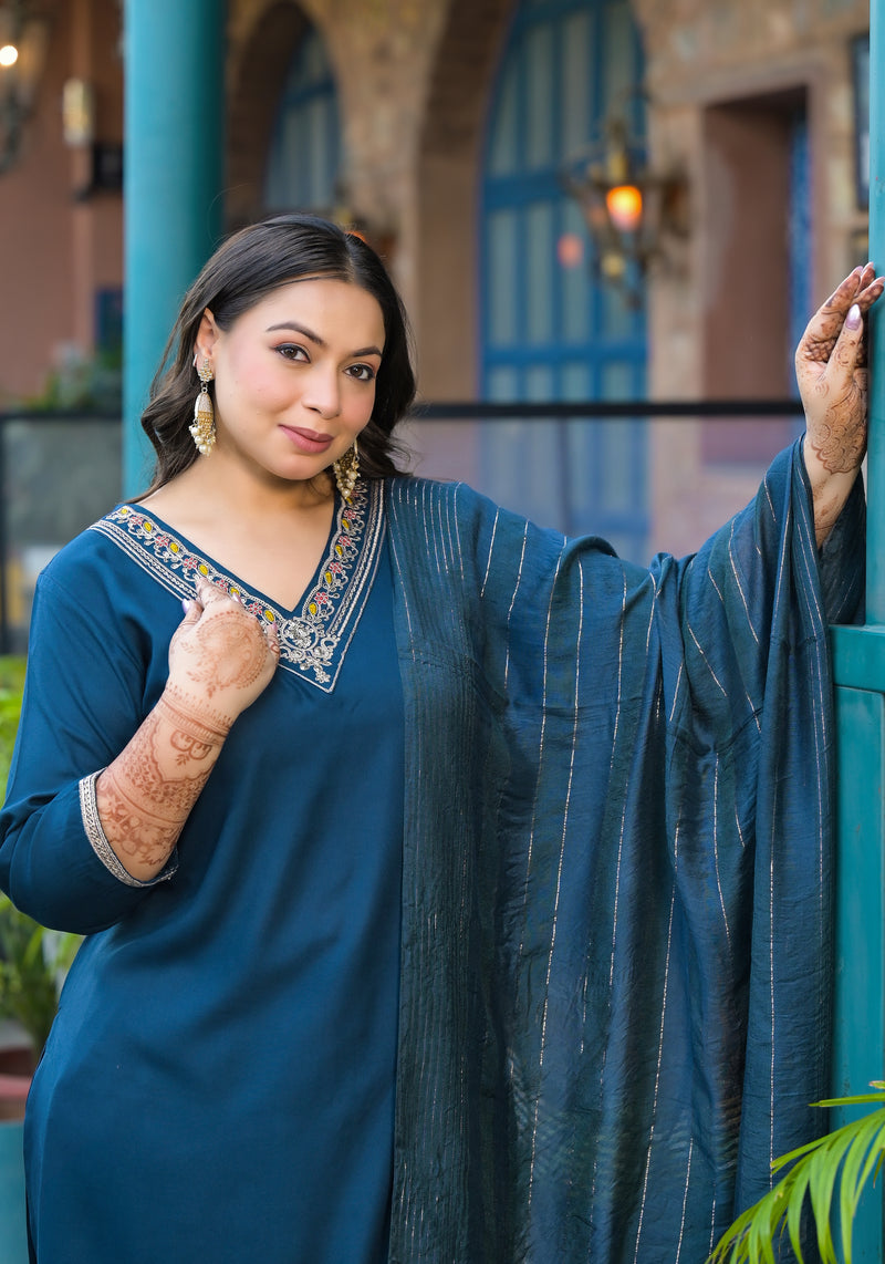 Blue Printed Rayon Kurta Pant Dupatta Set for Women (Plus Size)