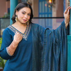 Blue Printed Rayon Kurta Pant Dupatta Set for Women (Plus Size)