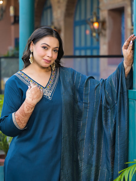 Blue Printed Rayon Kurta Pant Dupatta Set for Women (Plus Size)