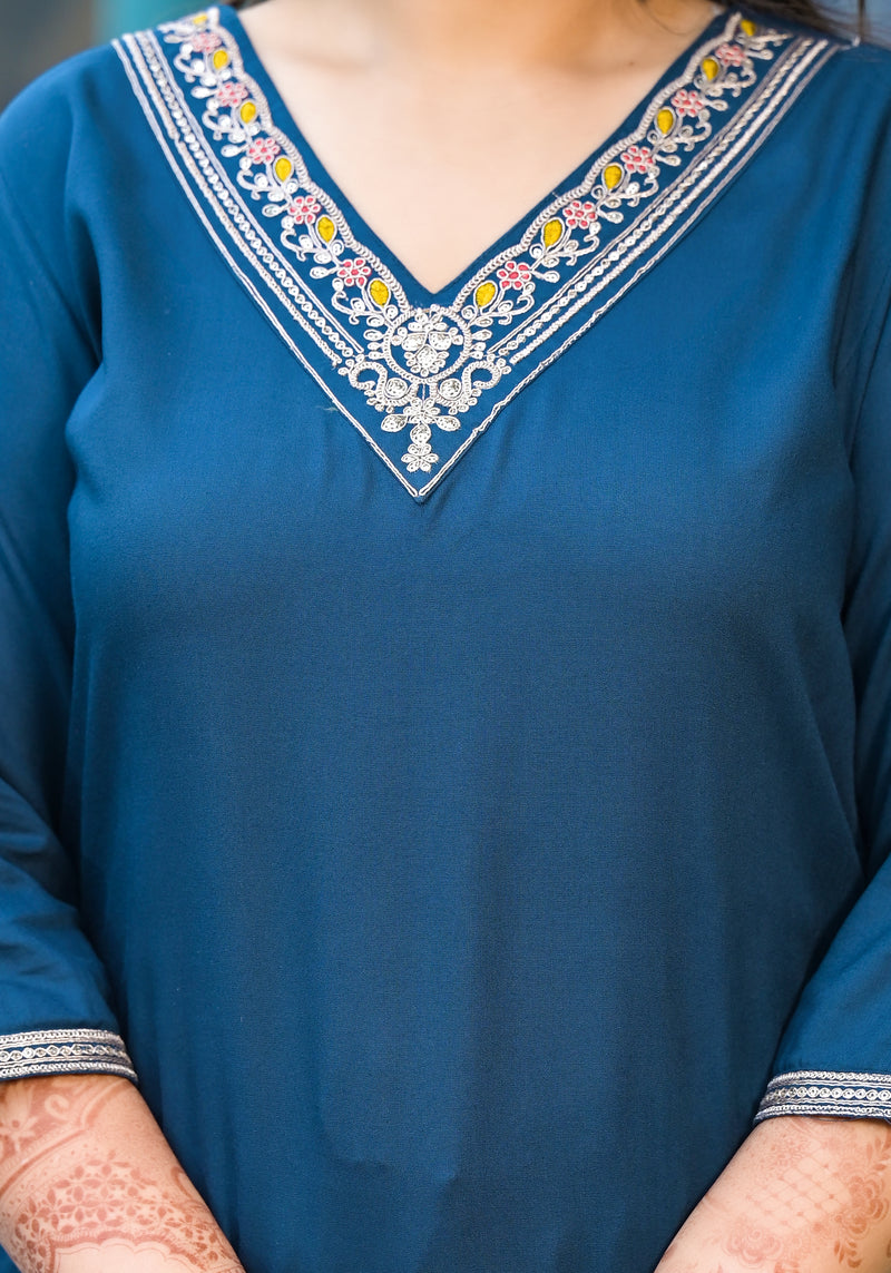 Blue Printed Rayon Kurta Pant Dupatta Set for Women (Plus Size)