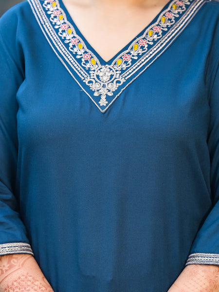 Blue Printed Rayon Kurta Pant Dupatta Set for Women (Plus Size)