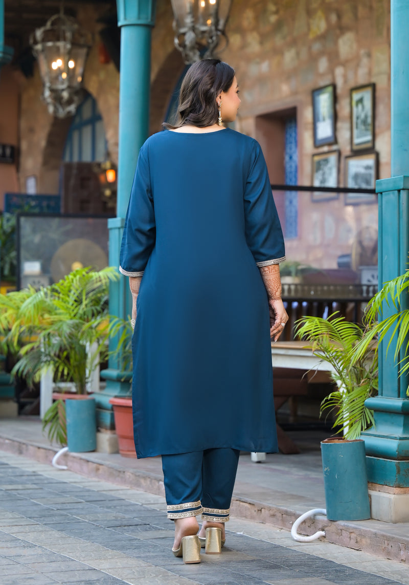 Blue Printed Rayon Kurta Pant Dupatta Set for Women (Plus Size)